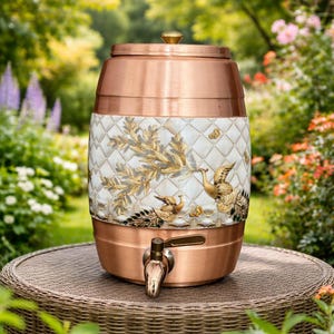 Barrel Wooden Style Copper Water Pot: Traditional Indian Drinkware, Eco-Friendly Hydration Vessel 5 Liter