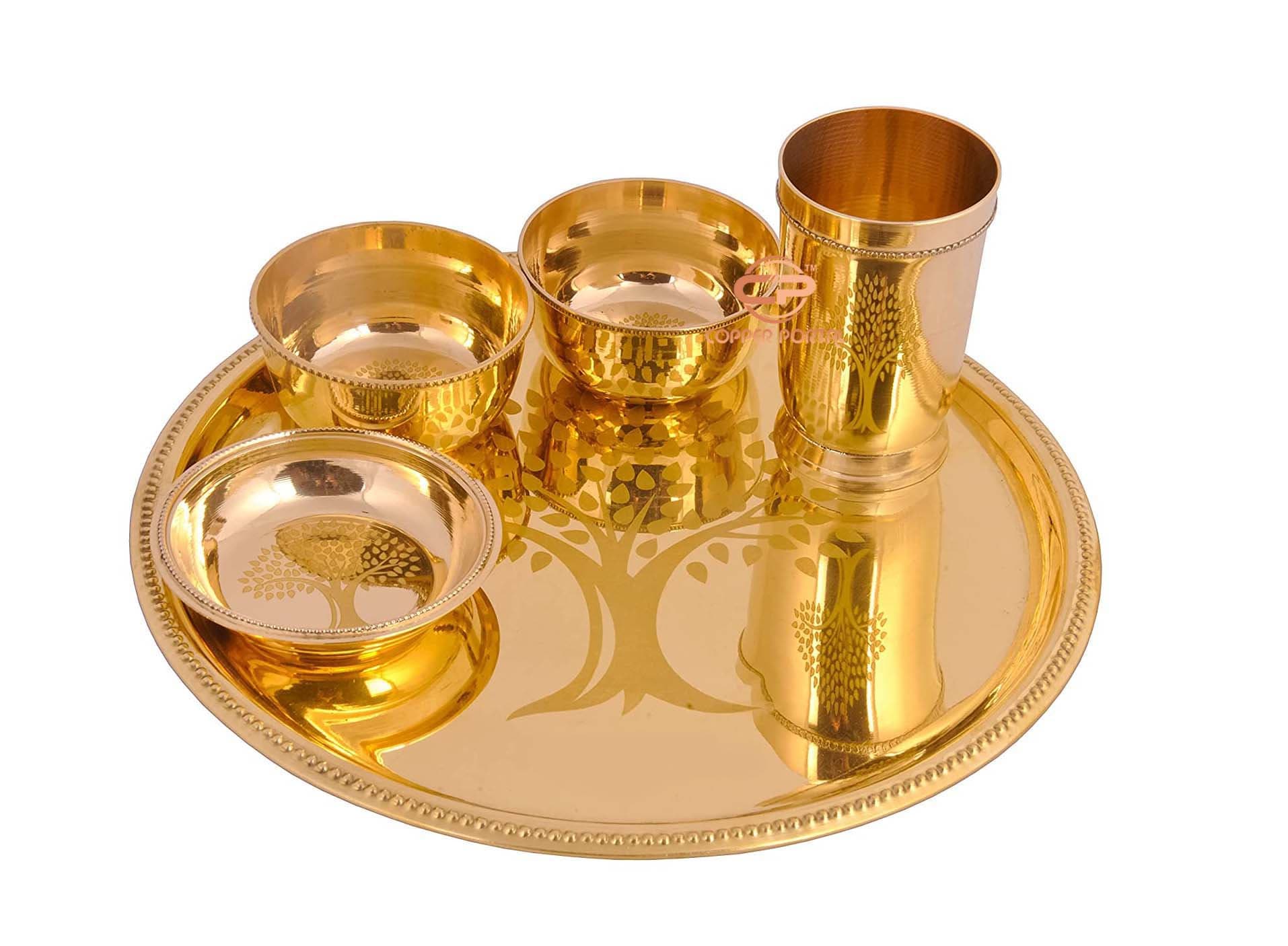 Pure Brass Thali Set Dinner Set Laser Flowers Design 5 Pieces Pital Brass Dinnerware  Set, for Gifting Diwali Special 