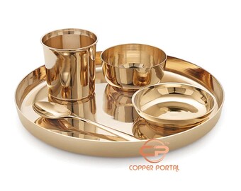 Handmade Food Serving Indian Handmade Kansa (Bronze) Copper Portal Plain Dinner Set / Thali 5 pcs set Serving Utensil