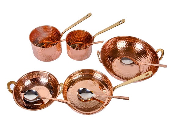 Pure Copper Cookware Set 5 Piece Set copper Sauce Pan Set Copper Kadhai Set  Copper Fry Pan With Brass Handle for Cooking Purpose 