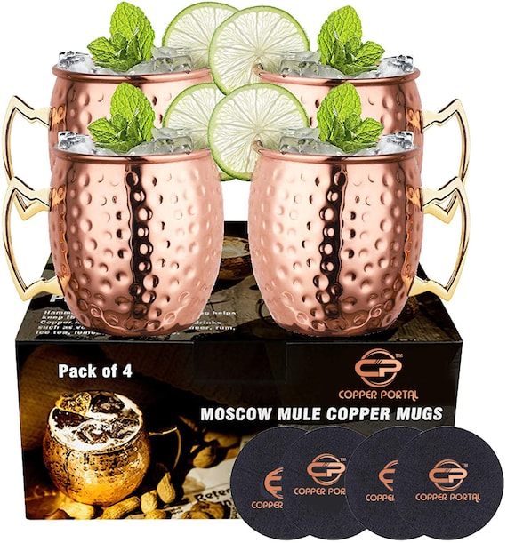 Tazze in rame Moscow Mule Set di 4 100% REALIZZATE A MANO Tazze da cocktail  solide e sicure per alimenti di altissima qualità Set regalo da 16 once -   Italia