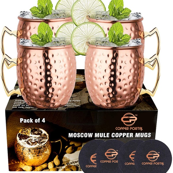 Moskauer Mule Kupferbecher - 4er-Set - 100% HANDGEFERTIGT - Lebensmittelsichere, reine, solide Cocktailbecher von höchster Qualität - 16 Unzen Geschenkset