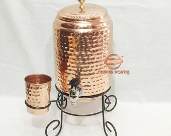 Hand Hammered Pure Copper Water Dispenser Container Pot/matka/Tank with Copper Glass and Stand