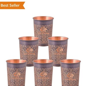 Pure Copper Glass Tumbler Antique Finish Eching for Drinking Water Purpose Volume-300 ml