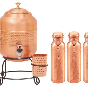 5 Litre Half Hammered Copper Water Dispenser (Matka/Pot) Container Pot with Stand & Bottle ,Pure Copper (5000 ml)