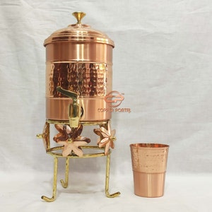 Hand Hammered Pure Copper Water Dispenser Container Pot/matka/Tank with Copper Glass and Stand