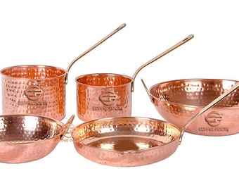 Pure Copper Cookware Set 5 Piece Set (Copper Sauce Pan Set | Copper Kadhai Set | Copper Fry Pan) with Brass Handle for Cooking Purpose