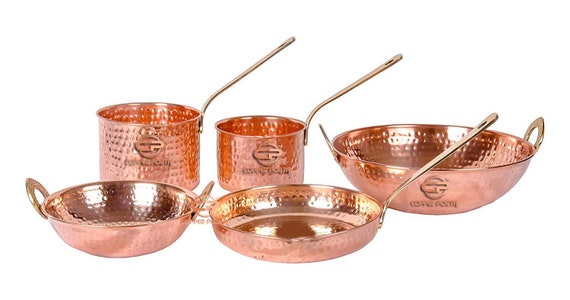 Pure Copper Cookware Set 5 Piece Set copper Sauce Pan Set Copper Kadhai Set  Copper Fry Pan With Brass Handle for Cooking Purpose 