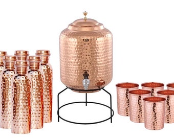 Half Hammered Matt Copper Water Dispenser (Matka) Leak Proof Container Pot with Pure Copper & 2 Glass Combo 250 ML