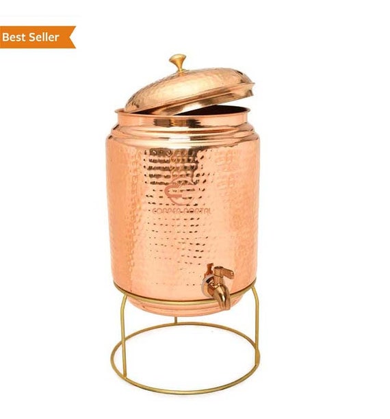 Pure Hammered Copper Water Dispenser With Tap Stand Matka Water