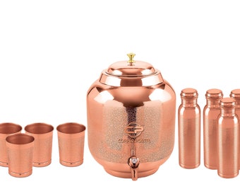 Embossed Finish Copper Water Dispenser (Matka/Pot) Container Pot with Bottle ,Pure Copper (5000 ml)