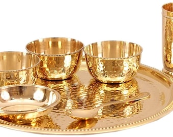 Hammered Brass Thali Set of 7 Pcs Including 3 Bowls 1 Glass 1 Plate 1 Dinner Plate 1 Spoon Restaurant Ware Home Hotel