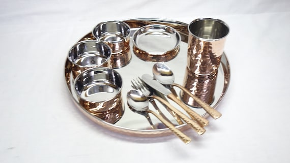 Indian Dinnerware Stainless Steel Copper Traditional Dinner Set of