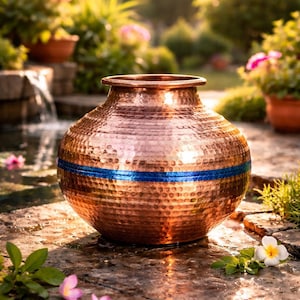May include: A hammered copper vase with a blue stripe, set outdoors. The vase has a rounded body and a wide mouth. The copper has a warm, reddish-brown hue. The blue stripe adds a contrasting color. The vase is likely used for decorative purposes.
