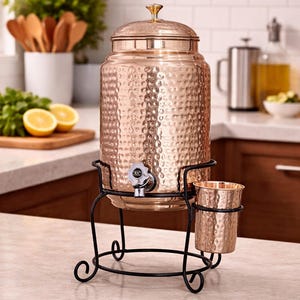 Handcrafted Hammered Copper Water Dispenser with Metal Tap 1 Tumbler