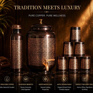 May include: A copper water bottle, dispenser, and glasses set with an etched design. The items are displayed on a dark surface. The text reads "TRADITION MEETS LUXURY" and "PURE COPPER. PURE WELLNESS."