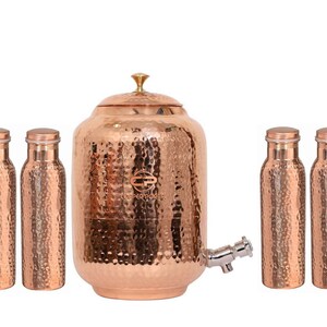5 Litre Hammered Copper Water Dispenser (Matka/Pot) Container Pot with Stand & Copper Bottle ,Pure Copper (5000 ml)