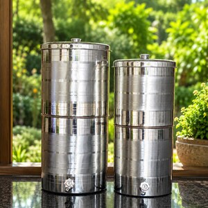 Könnte beinhalten: Zwei Kaffeebereiter aus Edelstahl mit Deckeln und Ausgüssen. Die zylindrischen Behälter haben eine polierte Oberfläche mit horizontalen und vertikalen geätzten Linien. Die Kaffeebereiter stehen auf einer dunklen Arbeitsplatte mit verschwommenem grünem Hintergrund.