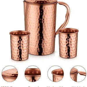 100% Pure Copper Tumbler Jug Pitcher and Copper Tumbler Glass Set High quality Copper Aniversary gift pack image 5