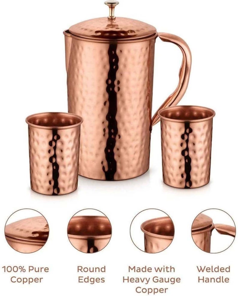 100% Pure Copper Tumbler Jug Pitcher and Copper Tumbler Glass Set High quality Copper Aniversary gift pack image 5