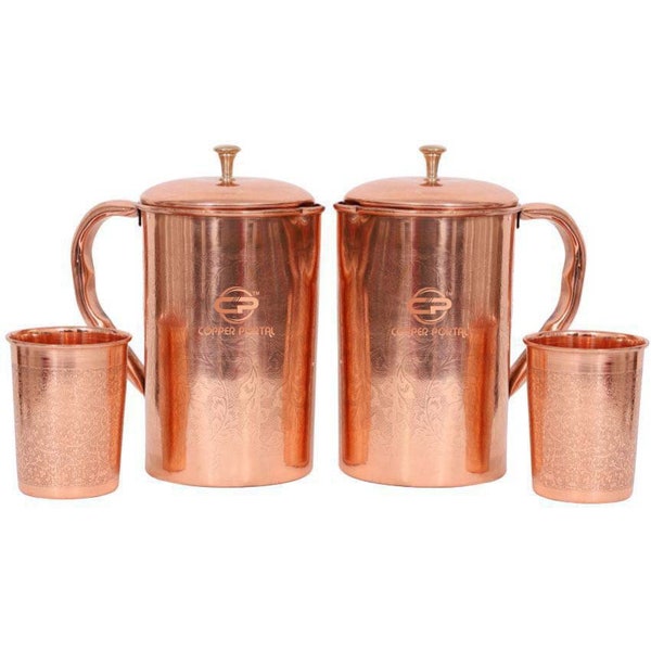 LuxuryCopper Vessel Jar Tank Pot Embossed Copper Pitcher/Jug Pot Vessel Jar with lid & Copper Cups Tumbler- 55 fluid ounces