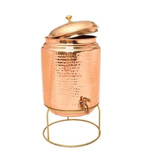 Pure Hammered Copper Water Dispenser with Tap & Stand Matka Water Jug Copper Pot Copper Hammered Water Tank Water Glasses, Dispenser