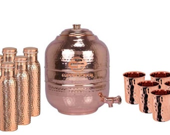 Pure Copper Hammered Design Water Pot/Dispenser/Container/Matka/Tank with Brass Tap, for Storage & Serving Water