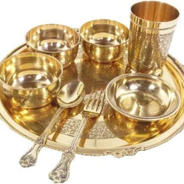 Heavy Weight Pure Brass Dinner Set-8 Pcs|| 12 inch Large Thali Brass Utensils || Premium Luxury Gift Set with Beautiful Box