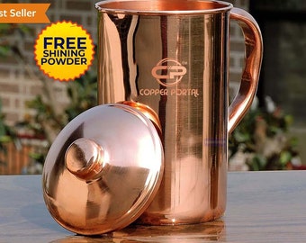 Copper Jug Pitcher Glossy Finish |  Handmade Copper Serving Set Indian Handmade Pitcher Set Plain Smooth Finish Drink ware Set Vessel Jar