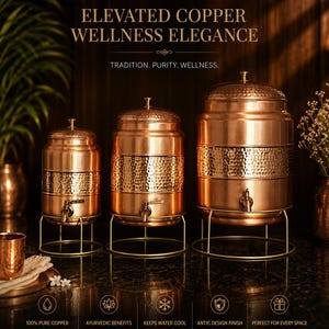 May include: Three copper water dispensers of varying sizes, each with a spigot and lid. The dispensers have a hammered texture on the lower section and sit on gold-colored stands. The image has text that reads "ELEVATED COPPER WELLNESS ELEGANCE."