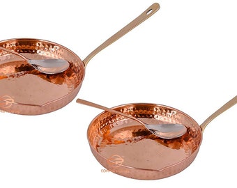 Copper Fry Pan Tadka Pan with Serving Spoon | 1000 Ml | - Frying Cooking Serving Dishes Home Hotel Restaurant Kitchen Diwali Gift Item