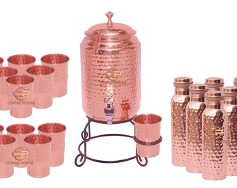 5 Litre Hammered Copper Water Dispenser (Matka/Pot) Container Pot with Stand & Copper Bottle ,Pure Copper (5000 ml)