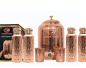 Pure Copper Hammered Design Water Pot/Dispenser/Container/Matka/Tank with Brass Tap, for Storage & Serving Water