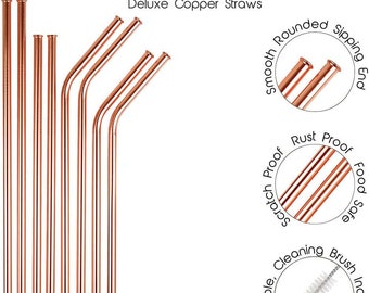 Barware Reusable Copper Drinking Straws | Copper Straws with Cleaning Brush | Eco-Friendly Reusable Straw | Copper Straw