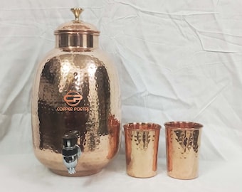 Handmade Hammered 100% Pure Copper Water Dispenser Pot 4 Liter Water Storage Tank Indian Copper Jug Pot Vessel Tank Gift Set