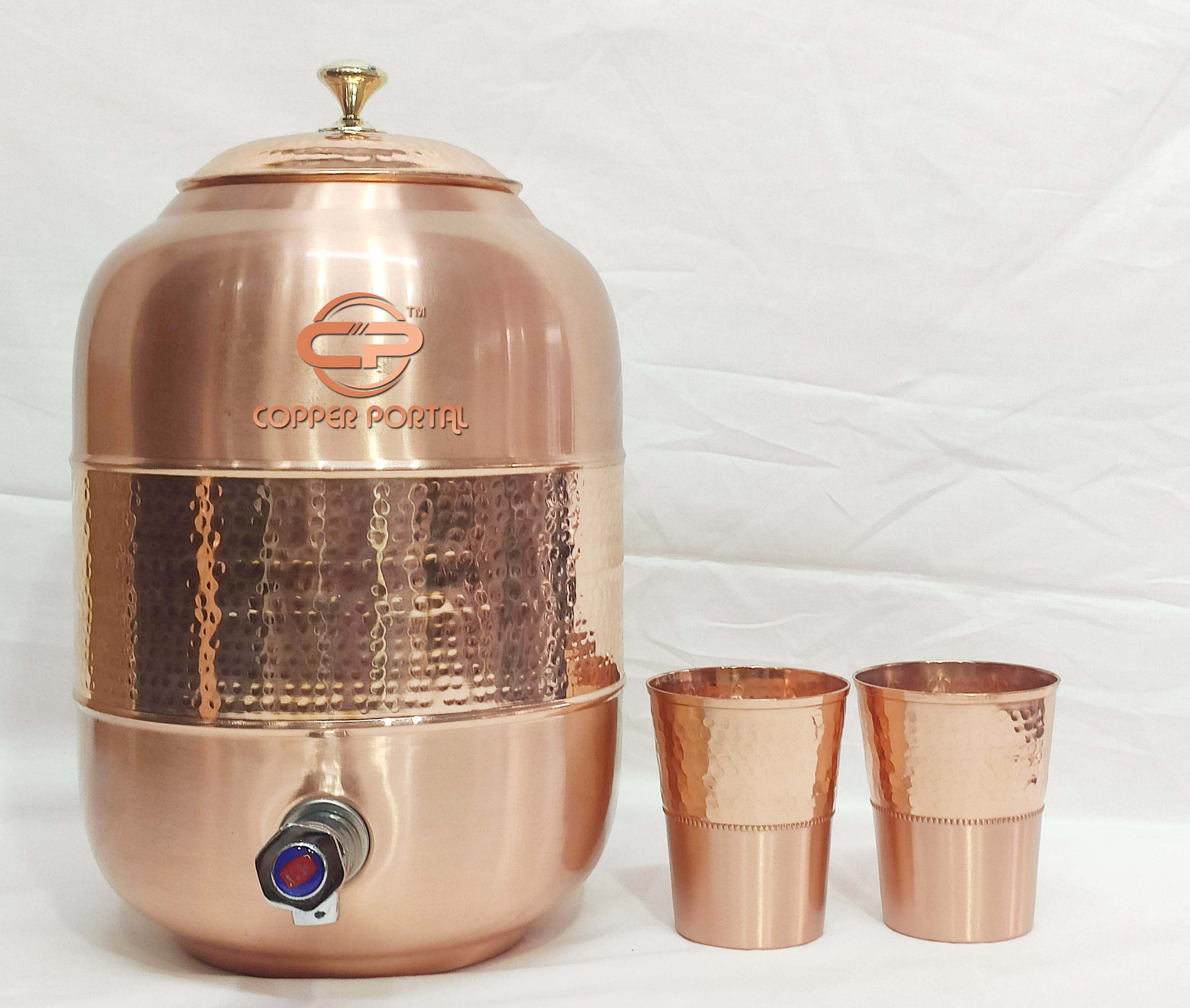 Copper Portal 5 Litre Hammered Copper Water Dispenser Container Pot With 2  Glass 300ml and Stand 5000 Ml Bottle 700 ML 