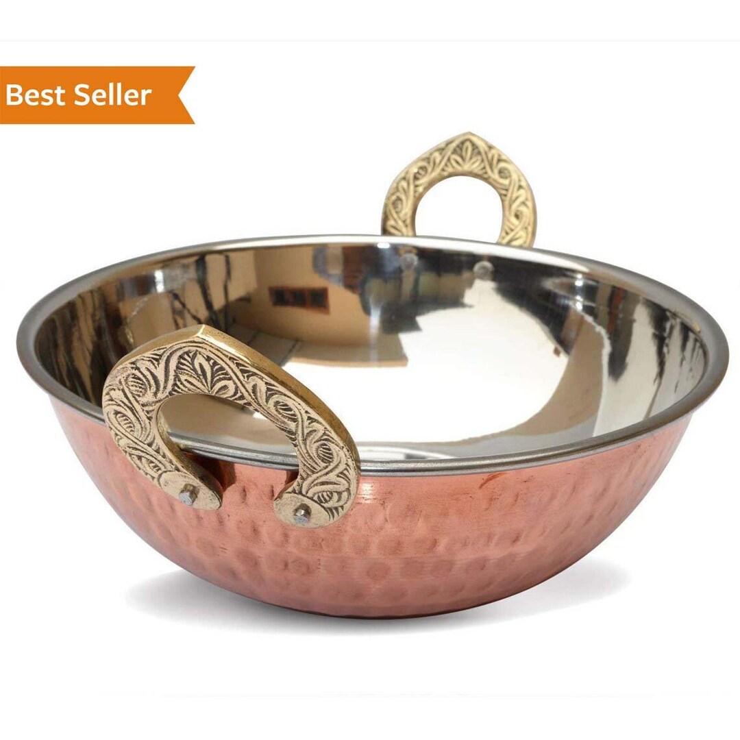 Vintage, Set of Indian Copper Serve Ware Karahi Vegetable Dinner Bowl With Solid Brass Handle