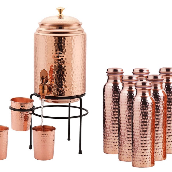 Vessel Tank Pot Matka 5 Liter Hammered Copper Water Dispenser Container Pot with Stand & Bottle ,Pure Copper Storage Pot (5 L)