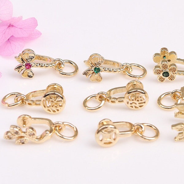 10 pcs 14K Gold Filled CZ Ice Pick Pinch Bails Floral Leaf Bowknot Butterfly Clips with Loop