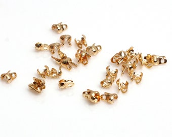 100 pezzi Estremità per catena riempite in oro 14K, Crimpature per catena con perline laterali, Connettori a molla per catena a sfera