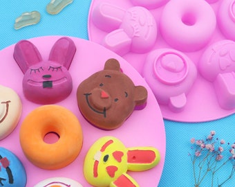 Food Grade Silicone Mold - 7 Bear Rabbit Donut Cake Cookie Tray Mold Silica Gel Soft Sweet Candy Mould Aromather Melt Wax Handicraft Tool