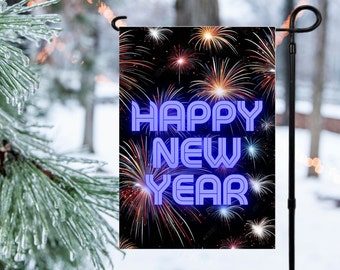 Happy New Year Fireworks Garden Flag Design PNG File