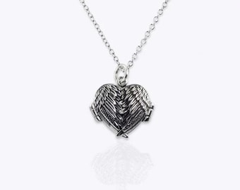 25 mm Chicxy, sterling silver heart locket with photo, angel wing necklace