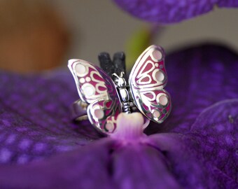 Movable Wings Butterfly Rings for women, SOLID Sterling Silver Purple Butterfly Jewelry, Pastel Colorful Mother of Pearl Ring