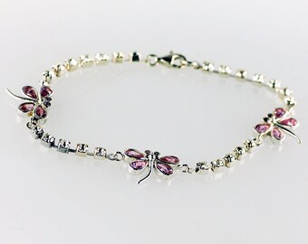 light Pink Dragonfly Bracelet, SOLID Sterling Silver CZ Tennis Bracelets for Women, Gifts for her,60mm-Diameter Bracelet, Insect Jewelry