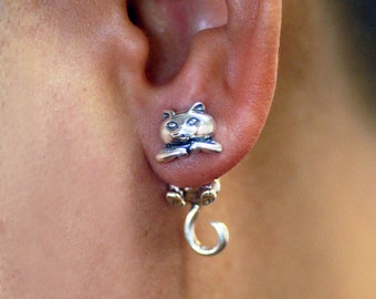 Pendientes de chaqueta con orejas de gato en la parte delantera y trasera: pendientes colgantes de gatito de dos piezas de plata de ley maciza de doble cara.