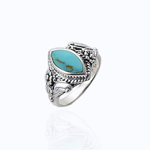 SOLID Sterling Silver Turquoise Ring, 16mm Marquise Rings, Blue Ring for women, Gifts for her, Victorian Real Turquoise Jewelry
