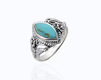 SOLID Sterling Silver Turquoise Ring, 16mm Marquise Rings, Blue Ring for women, Gifts for her, Victorian Real Turquoise Jewelry