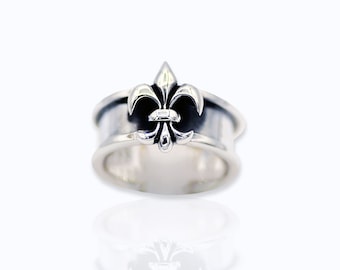 Black Fleur De lis Ring Men, Women, New Orleans 100% SOLID Sterling Silver Fleur De Lis Jewelry, 15mm Band Ring.