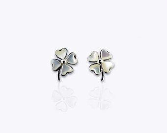 Lucky Four Leaf Clover Earrings: SOLID Sterling Silver White Mother of Pearl Shamrock